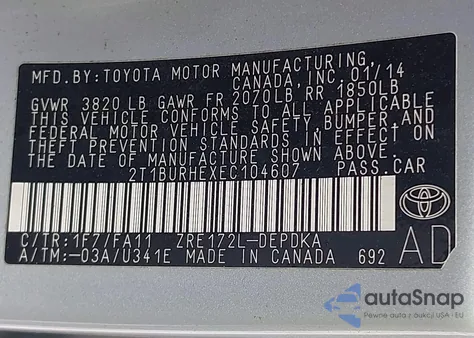 2014 Toyota Corolla L from USA, damaged, VIN 2T1BURHEXEC104607